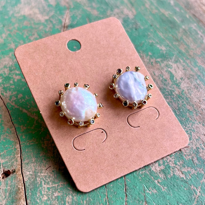 Multicolor CZ Freshwater Pearl Sun Stud Earrings