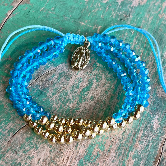 Gold and Quartz Triple Strand Miraculous Medal Adjustable Bracelet