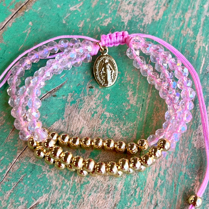 Gold and Quartz Triple Strand Miraculous Medal Adjustable Bracelet