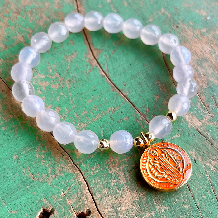 Colorful Enamel St Benedict White Agate Bracelet