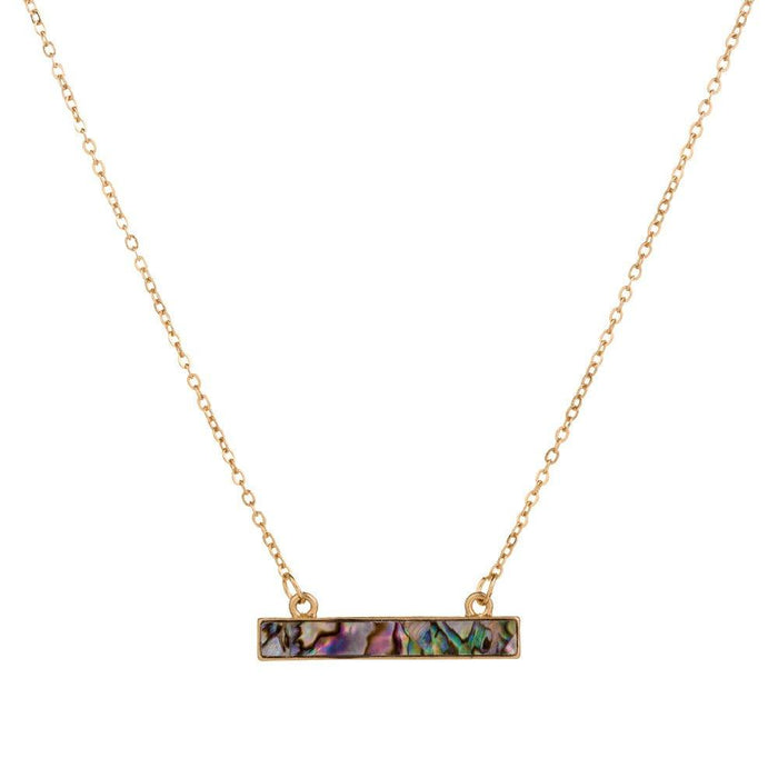 Gold chain necklace with iridescent abalone shell rectangular pendant, loop clasps
