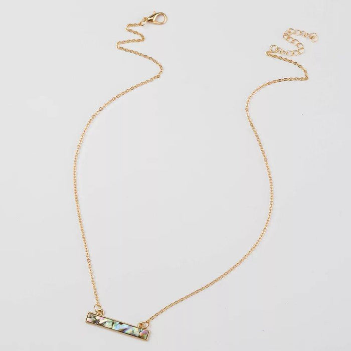 Gold chain abalone shell pendant necklace, rectangular iridescent bar pendant on chain