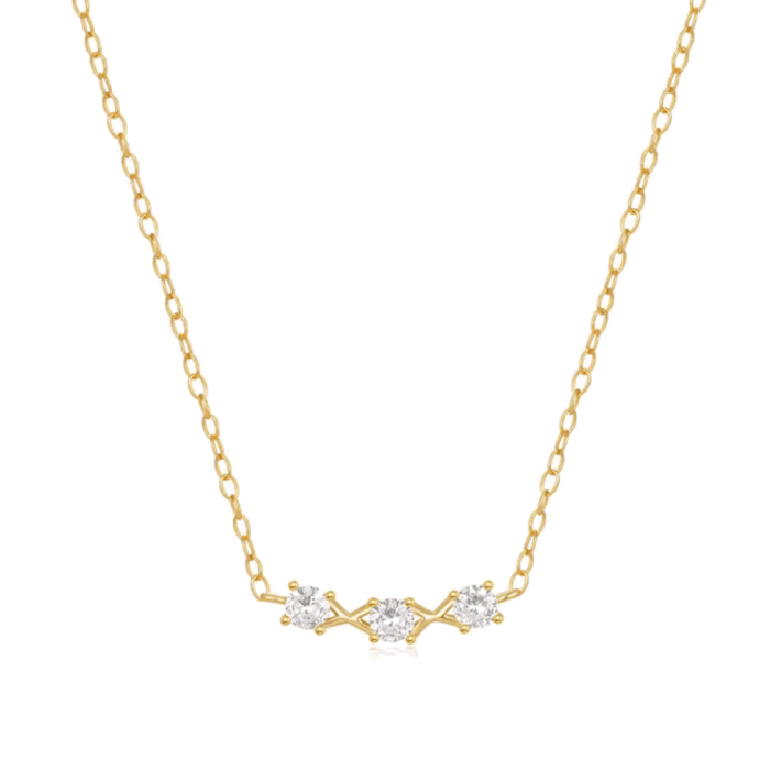 Gold-tone delicate necklace with three round CZ stones and thin chain