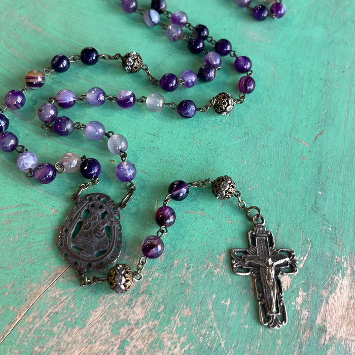Agate Purple Bronze Madonna and Child Rosary