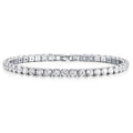 Silver tennis bracelet with a single row of round cubic zirconia stones and box clasp.