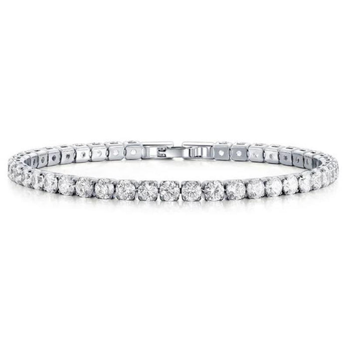 Silver tennis bracelet with a single row of round cubic zirconia stones and box clasp.