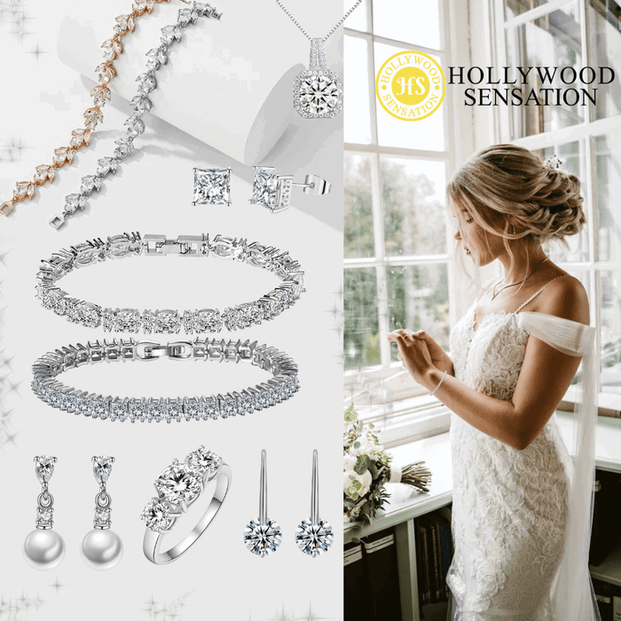 Cubic zirconia tennis bracelet in silver with a single row of round stones on model.