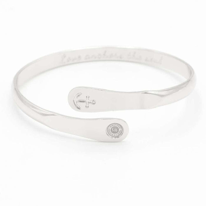 Silver anchor engraved cuff bracelet with oval charm plate and round seal