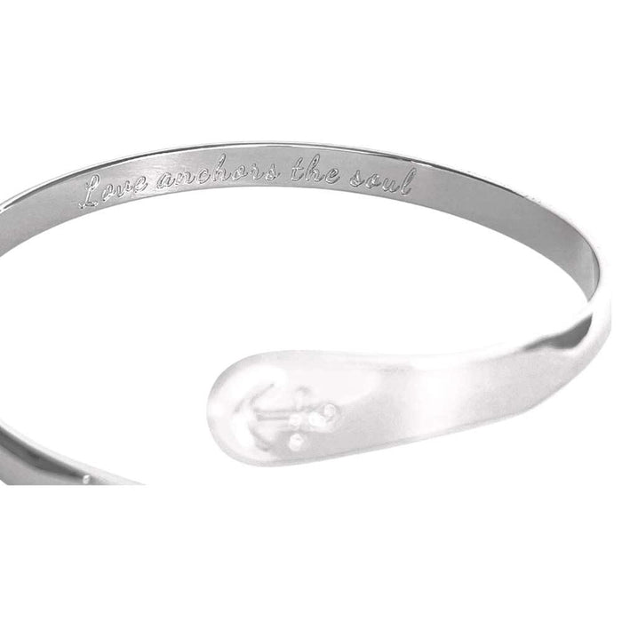 Silver anchor cuff bracelet with engraved inner message along the band
