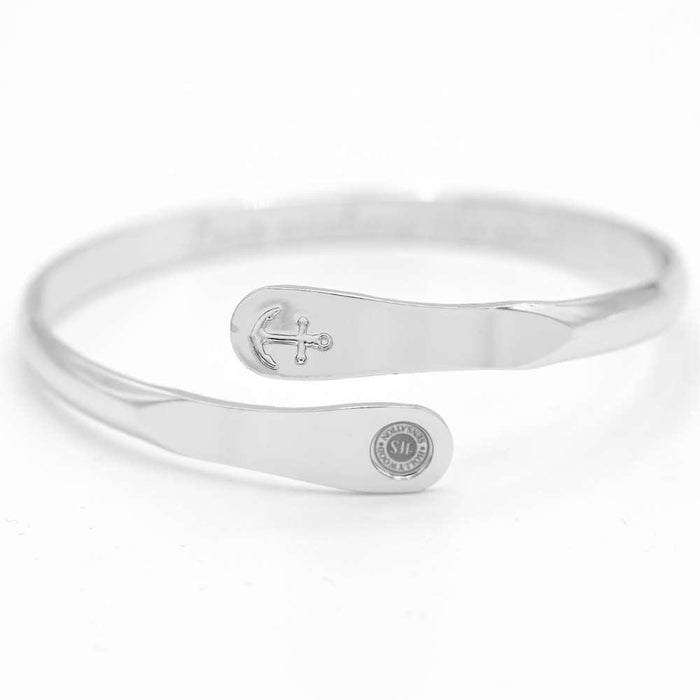 Silver anchor cuff bracelet with oval front plate and small round seal