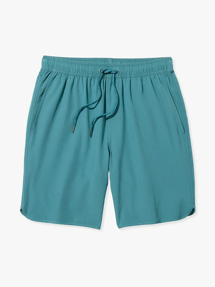 A pair of 8 inch Anchor trunks in seapine color with a drawstring waist on a white background.