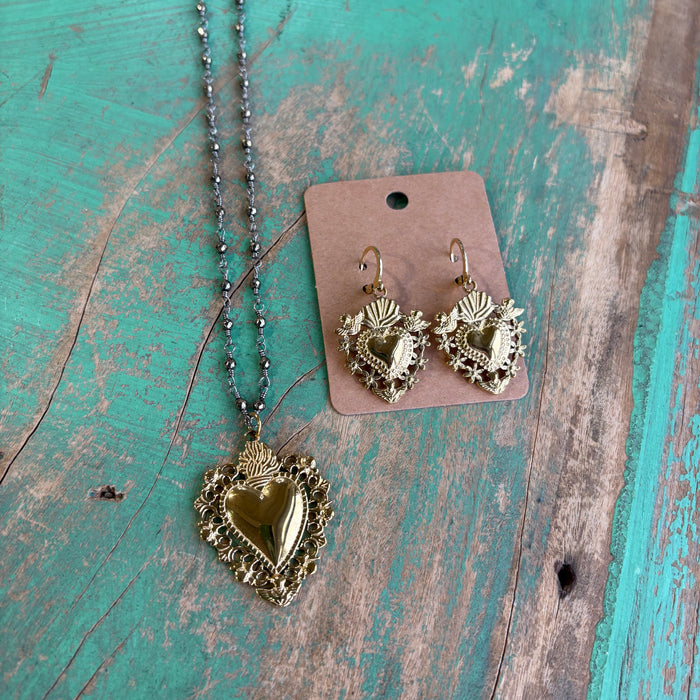 Angel Sacred Heart Hematite Necklace or Earrings