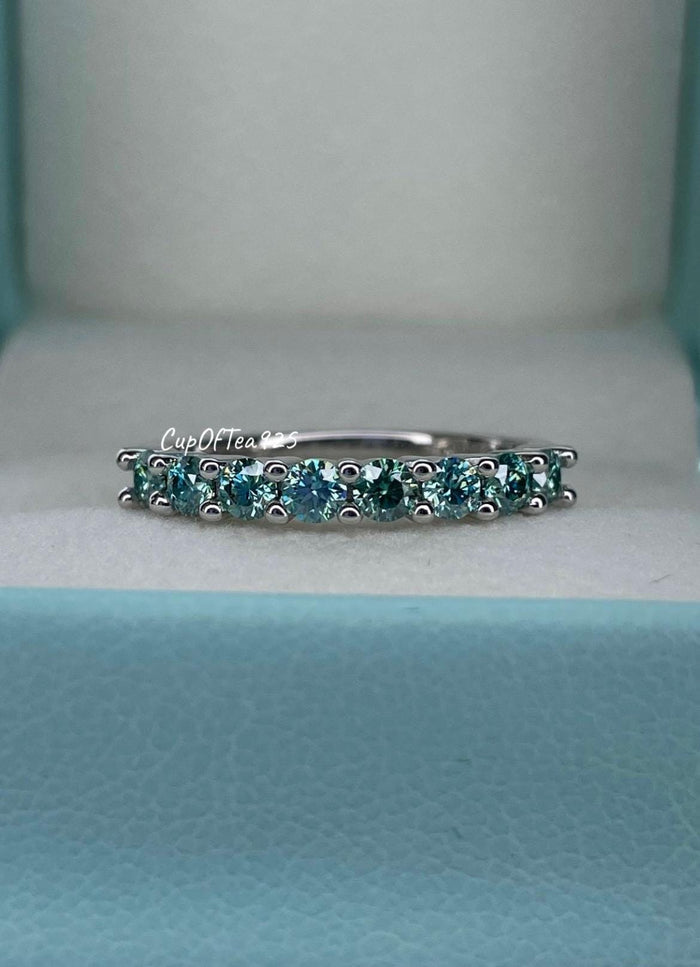 Aqua Blue Moissanite ring. Sterling silver 925 half eternity band with Aqua Blue Moissanite