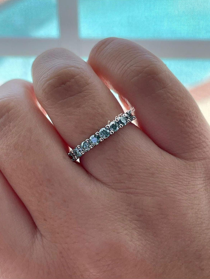 Aqua Blue Moissanite ring. Sterling silver 925 half eternity band with Aqua Blue Moissanite