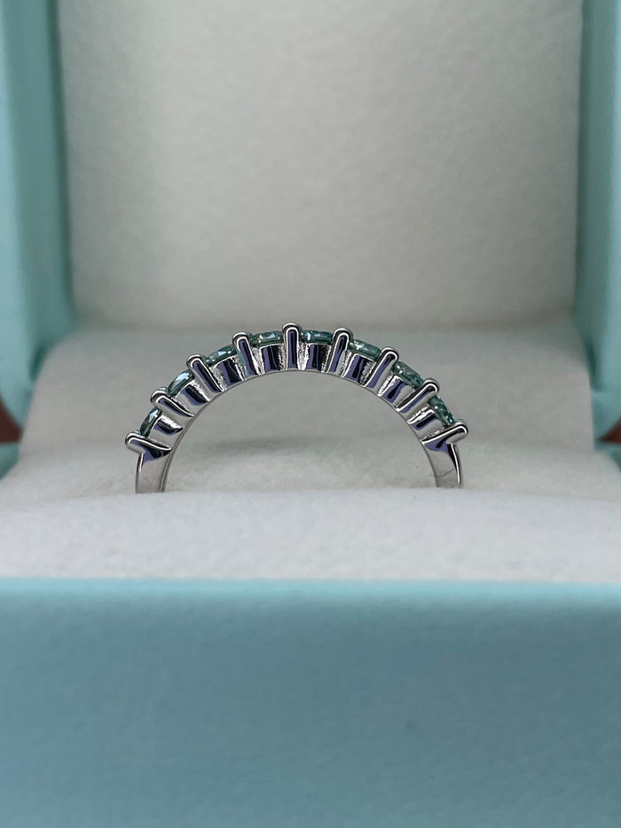 Aqua Blue Moissanite ring. Sterling silver 925 half eternity band with Aqua Blue Moissanite