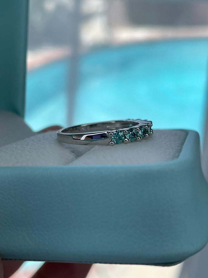 Aqua Blue Moissanite ring. Sterling silver 925 half eternity band with Aqua Blue Moissanite