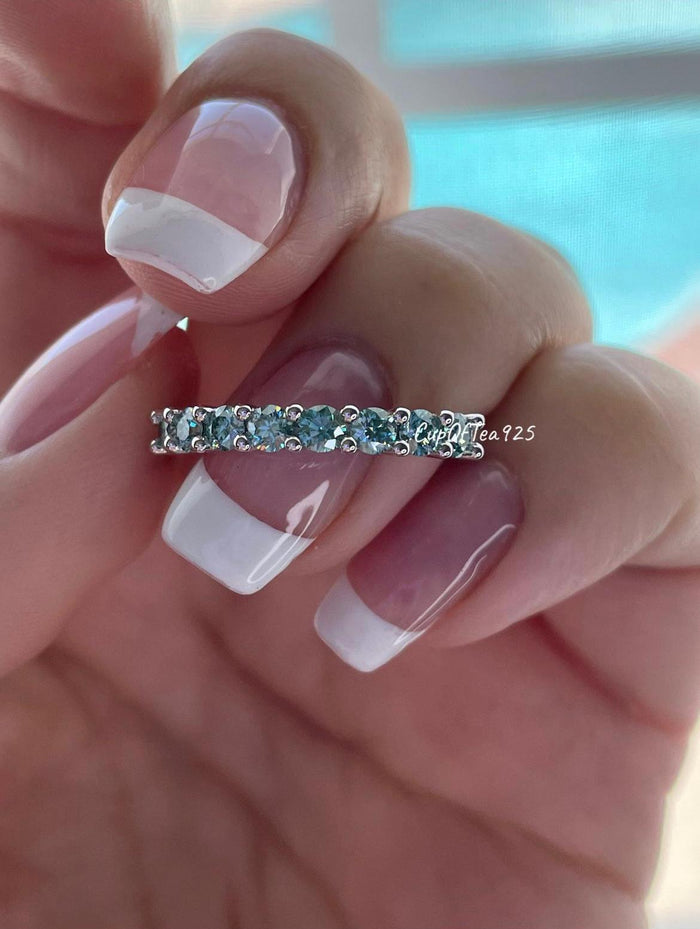Aqua Blue Moissanite ring. Sterling silver 925 half eternity band with Aqua Blue Moissanite