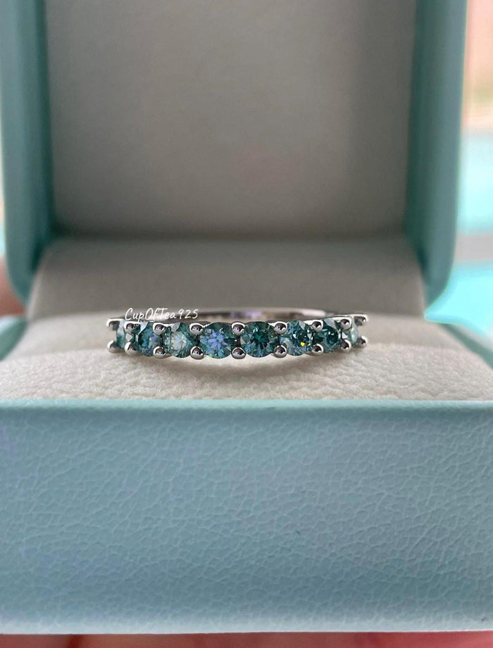 Aqua Blue Moissanite ring. Sterling silver 925 half eternity band with Aqua Blue Moissanite