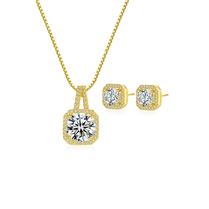 Gold halo pendant necklace and square halo stud earrings jewelry set