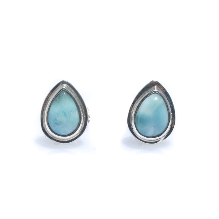 Azure Whispers Larimar Dew Drop Studs featuring genuine Larimar gemstones set in sterling silver, inspired by tropical ocean waters.