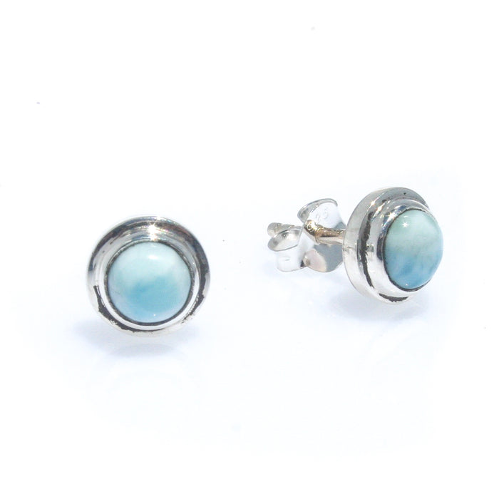 dainty round larimar studs set in sterling silver