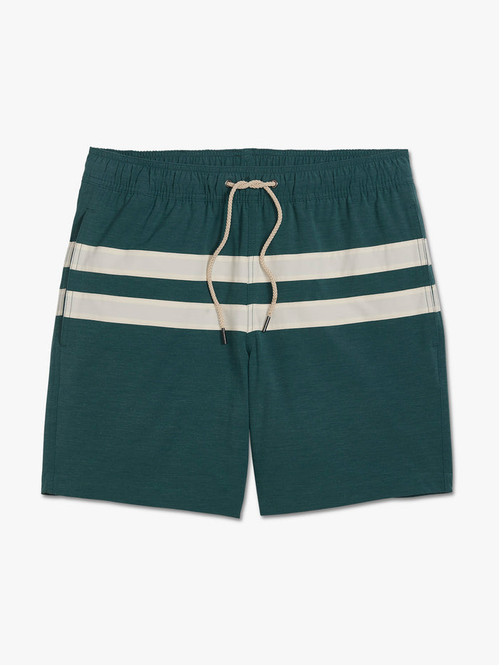 Green shorts with a white stripe on a white background