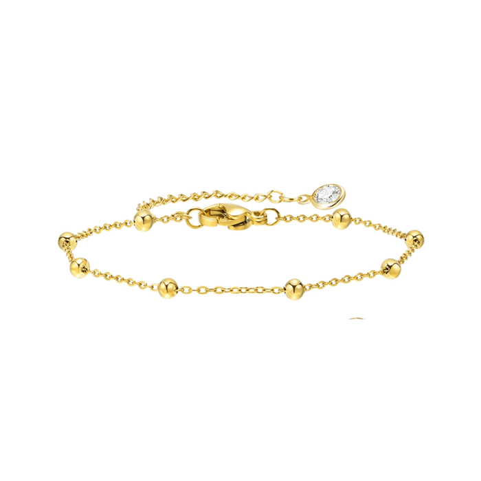 Gold-tone beaded link bracelet with adjustable chain and round crystal center