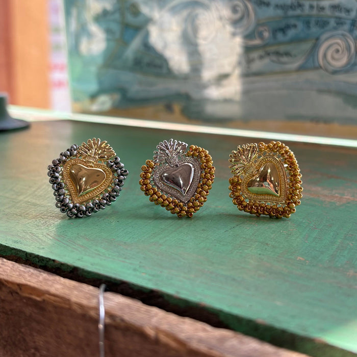 Beaded Sacred Heart Adjustable Ring – Gold & Silver Plated Faith Jewelry