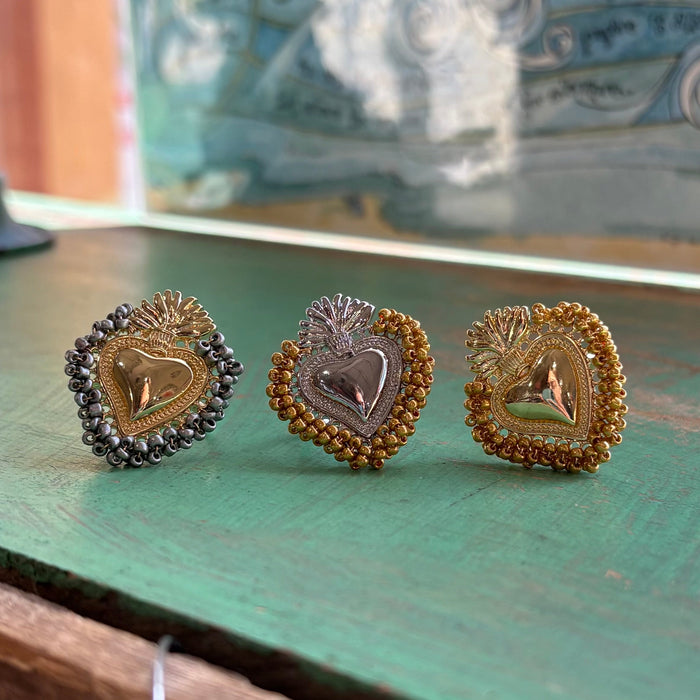 Beaded Sacred Heart Adjustable Ring – Gold & Silver Plated Faith Jewelry