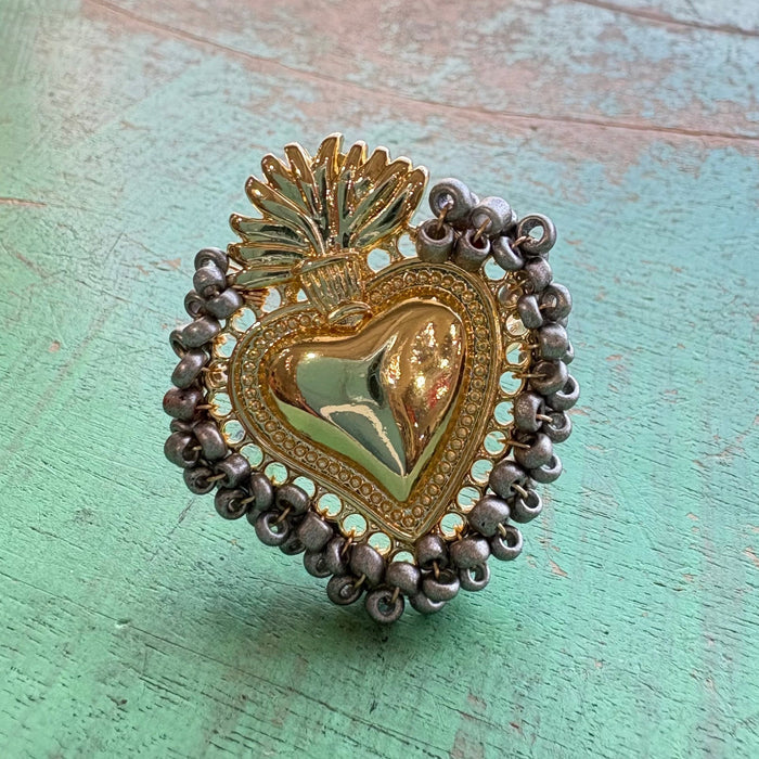 Beaded Sacred Heart Adjustable Ring – Gold & Silver Plated Faith Jewelry