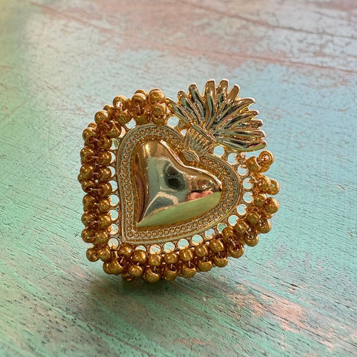 Beaded Sacred Heart Adjustable Ring – Gold & Silver Plated Faith Jewelry
