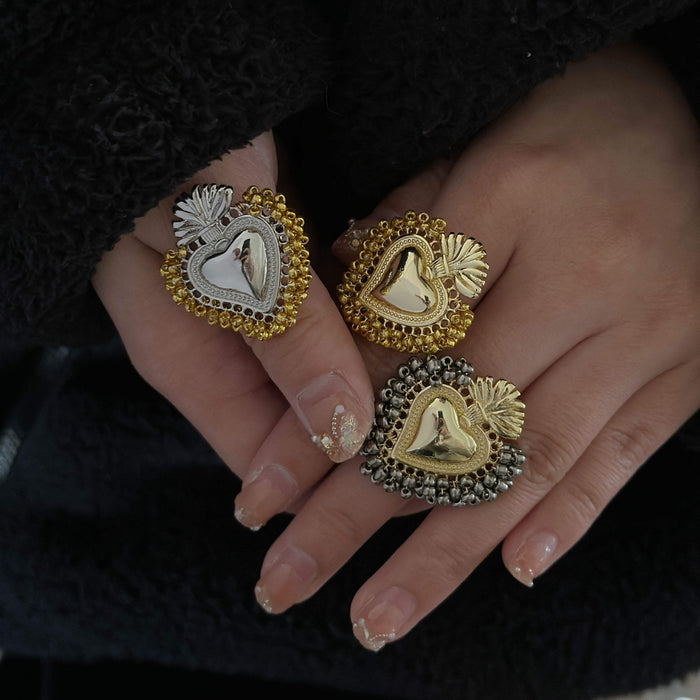 Beaded Sacred Heart Adjustable Ring – Gold & Silver Plated Faith Jewelry