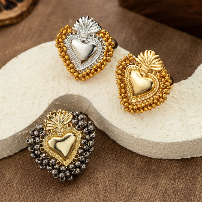 Beaded Sacred Heart Adjustable Ring – Gold & Silver Plated Faith Jewelry
