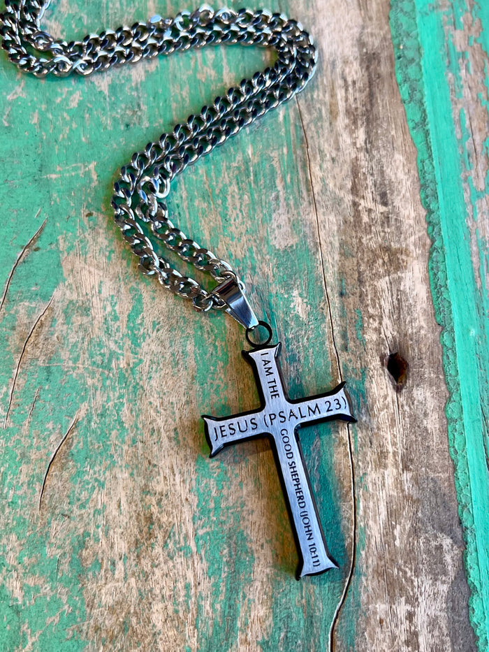 Black and Silver Iron Cross Philippians 2:10-11 Necklace