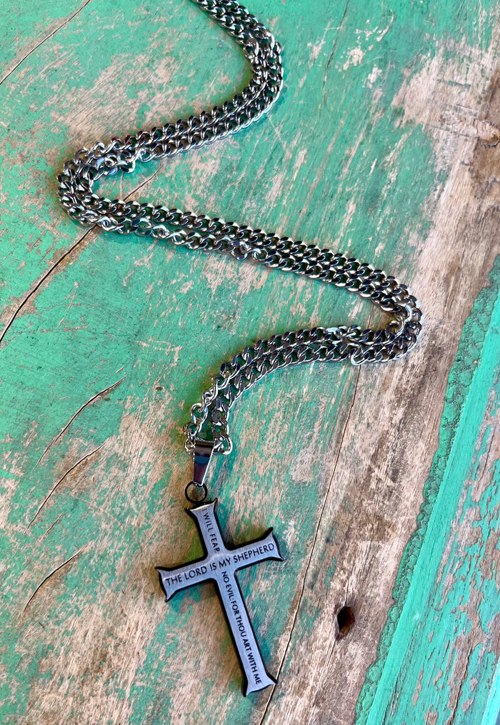 Black and Silver Iron Cross Philippians 2:10-11 Necklace