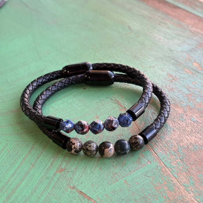 Black Braided Leather Bracelet with Genuine Stones