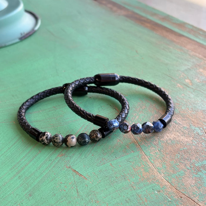 Black Braided Leather Bracelet with Genuine Stones