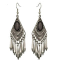 Boho dangle earrings with dark teardrop cat-eye stone and ornate silver fringe