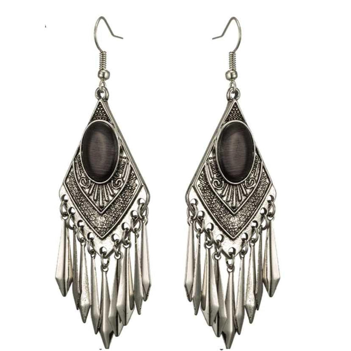 Boho dangle earrings with dark teardrop cat-eye stone and ornate silver fringe