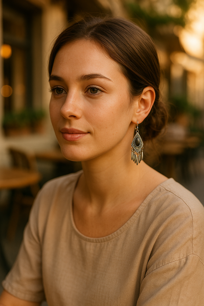 Silver boho dangle earrings with dark teardrop stone and long fringe, worn