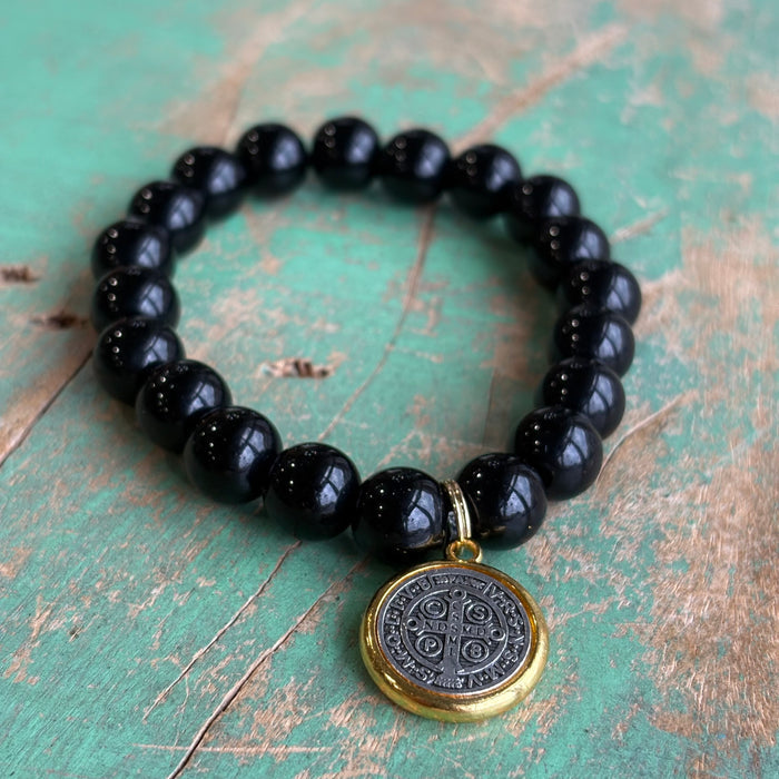 Black Glass Beaded Saint Bracelet or Earrings