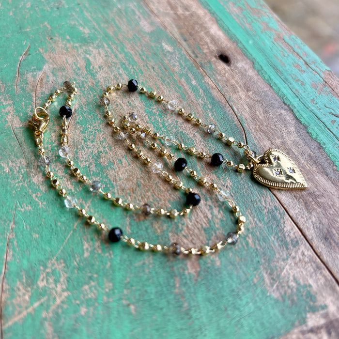 Black, Gold and Crystal Heart Necklace