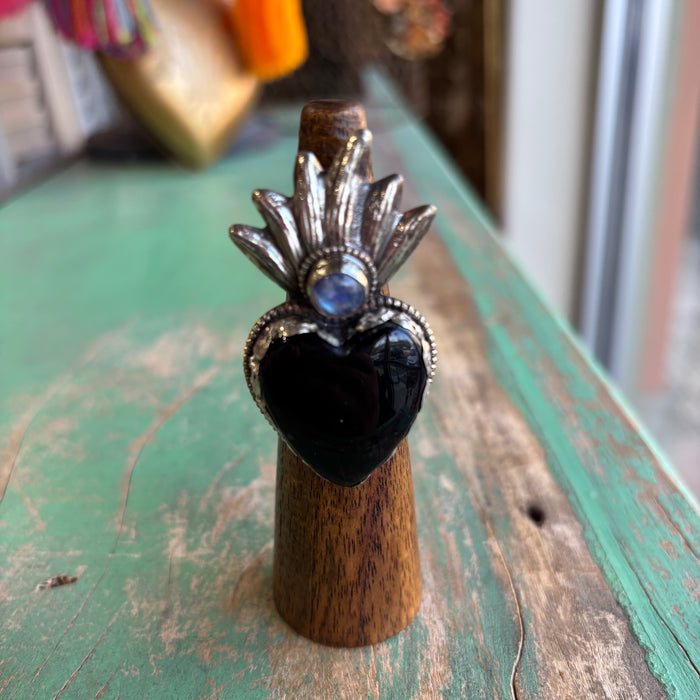 Black Onyx Flaming Sacred Heart Adjustable Ring