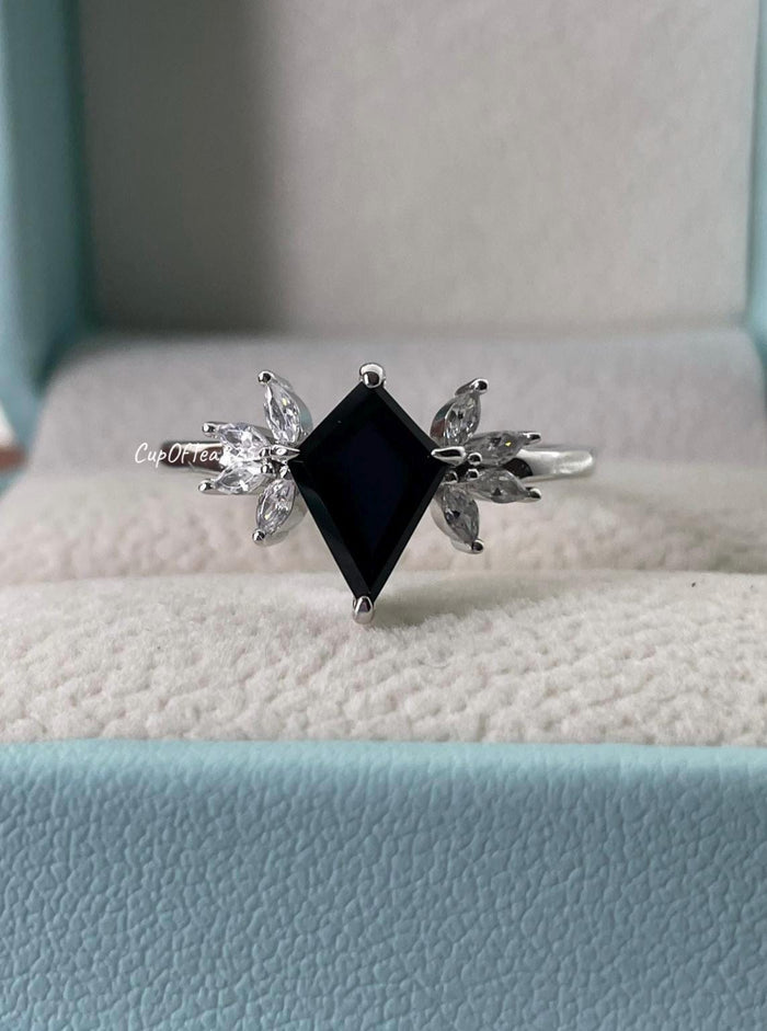 Black Onyx Ring, Sterling Silver 925 kite shaped black onyx engagement ring