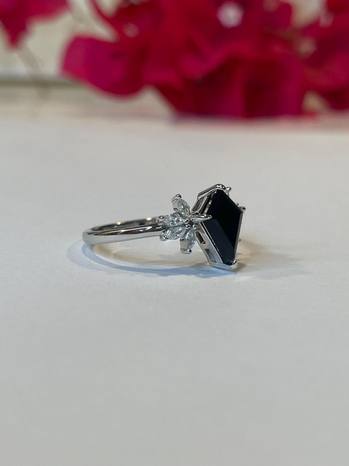 Black Onyx Ring, Sterling Silver 925 kite shaped black onyx engagement ring