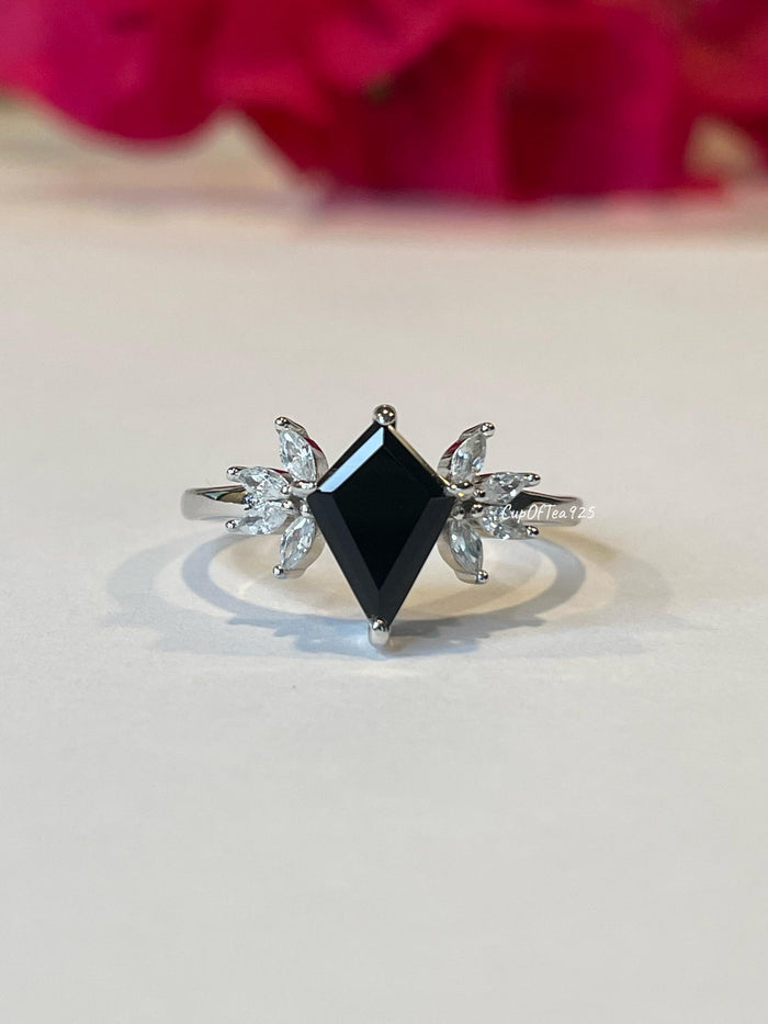 Black Onyx Ring, Sterling Silver 925 kite shaped black onyx engagement ring