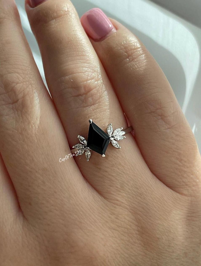 Black Onyx Ring, Sterling Silver 925 kite shaped black onyx engagement ring