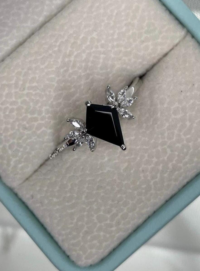 Black Onyx Ring, Sterling Silver 925 kite shaped black onyx engagement ring