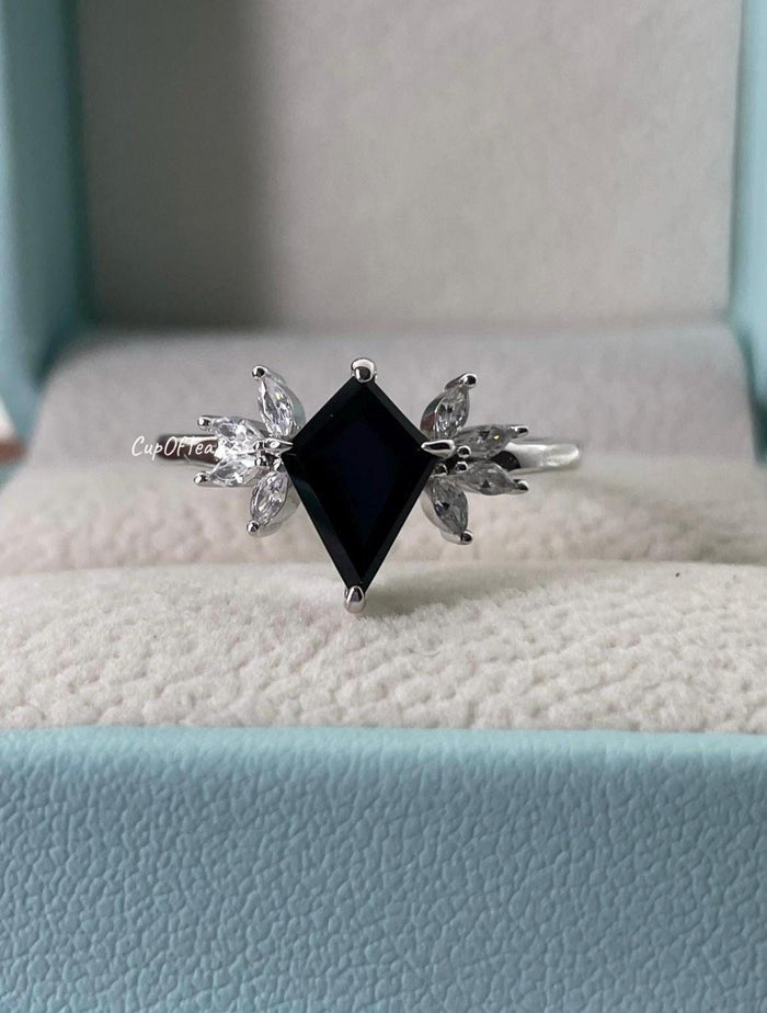 Black Onyx Ring, Sterling Silver 925 kite shaped black onyx engagement ring