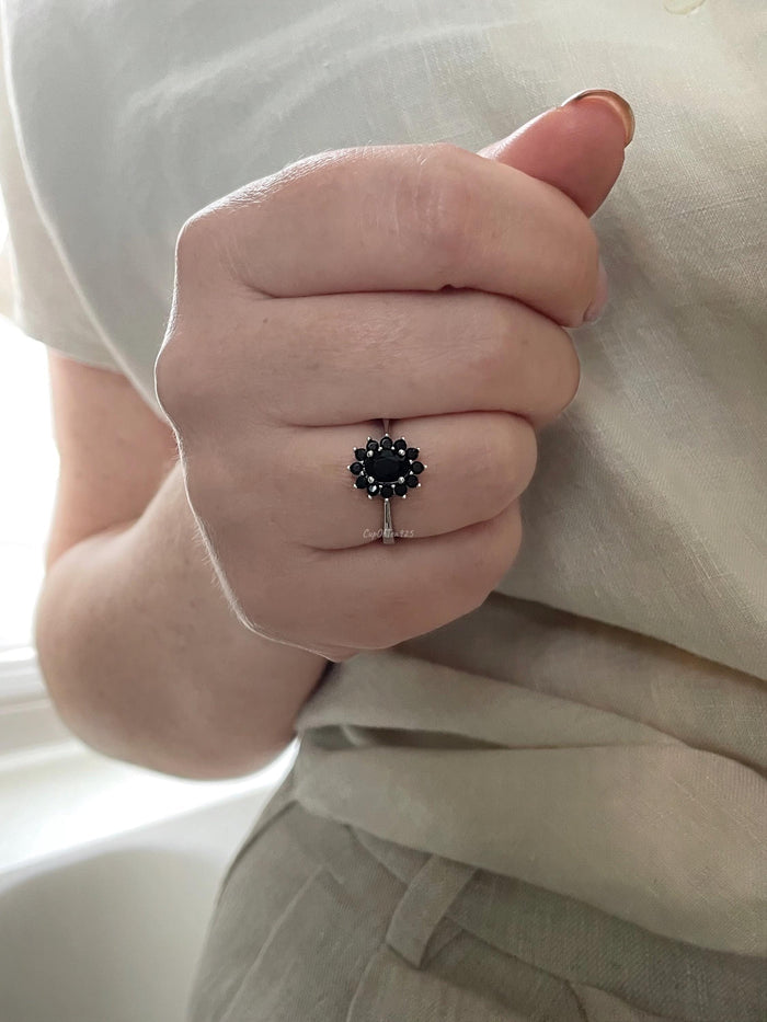 Black Onyx Sterling Silver Ring: CZ Diamond Accents